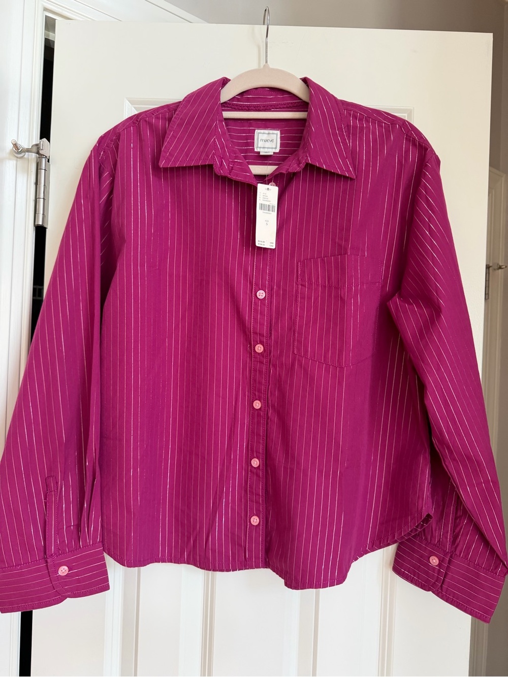NWT Anthropologie Maeve Raspberry Shrunken Bennet Shirt Top Metallic Pink Size S
